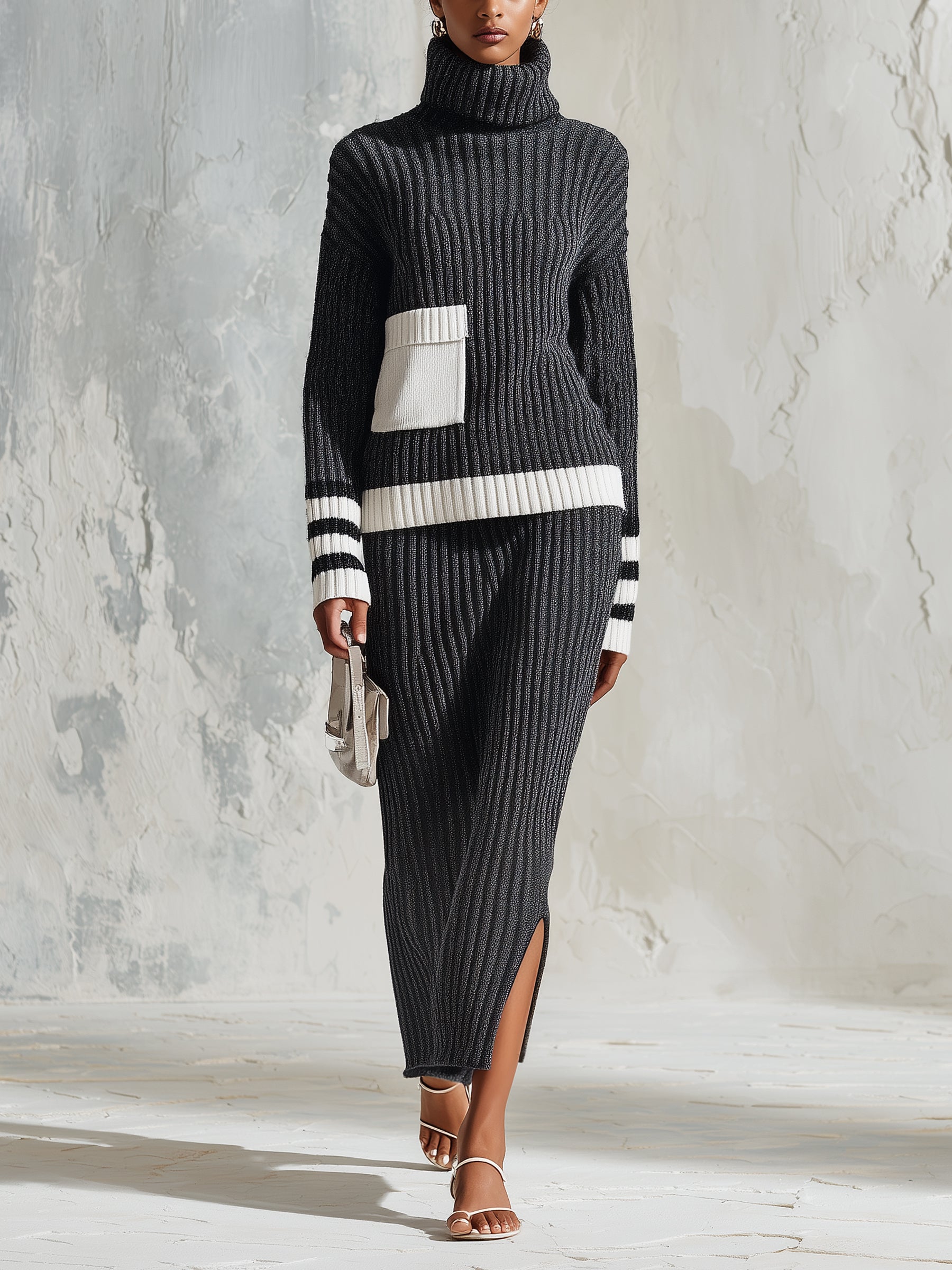 Women’s Black & Cream Ribbed Knit 2-Piece Set – Turtleneck Sweater & Midi Skirt