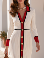 Old Money Button-Up Long Sleeve Color Block Ribbed Knit Midi Dress