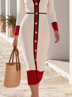 Old Money Button-Up Long Sleeve Color Block Ribbed Knit Midi Dress