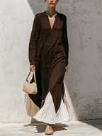 Dark Brown Linen‑Blend Pleated Contrast Hem Button‑Front Maxi Dress