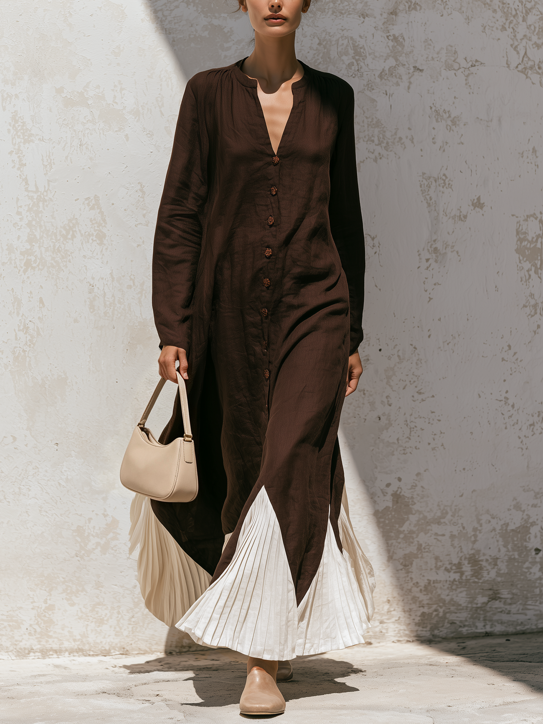Dark Brown Linen‑Blend Pleated Contrast Hem Button‑Front Maxi Dress