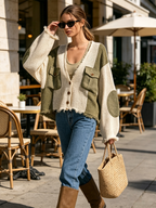 Color Block Fringed V-Neck Knit Cardigan