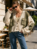 Color Block Fringed V-Neck Knit Cardigan