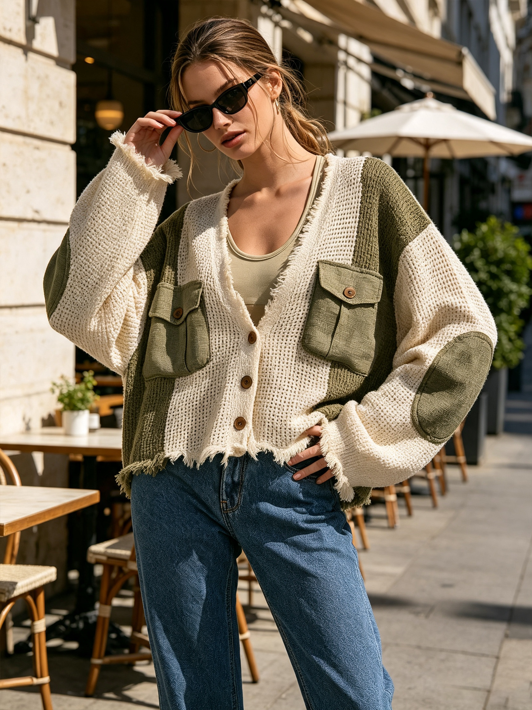 Color Block Fringed V-Neck Knit Cardigan
