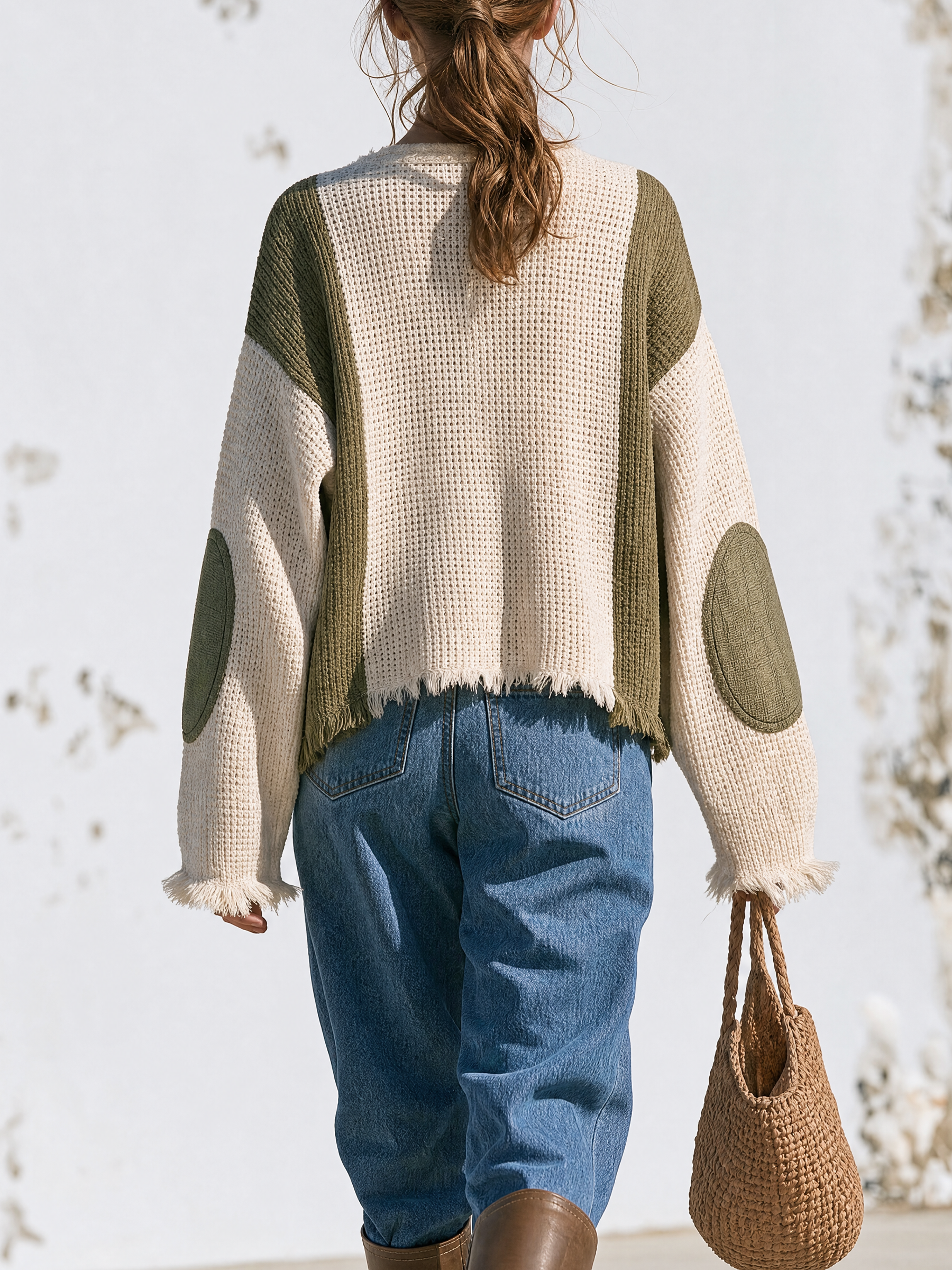 Color Block Fringed V-Neck Knit Cardigan