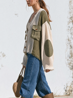 Color Block Fringed V-Neck Knit Cardigan