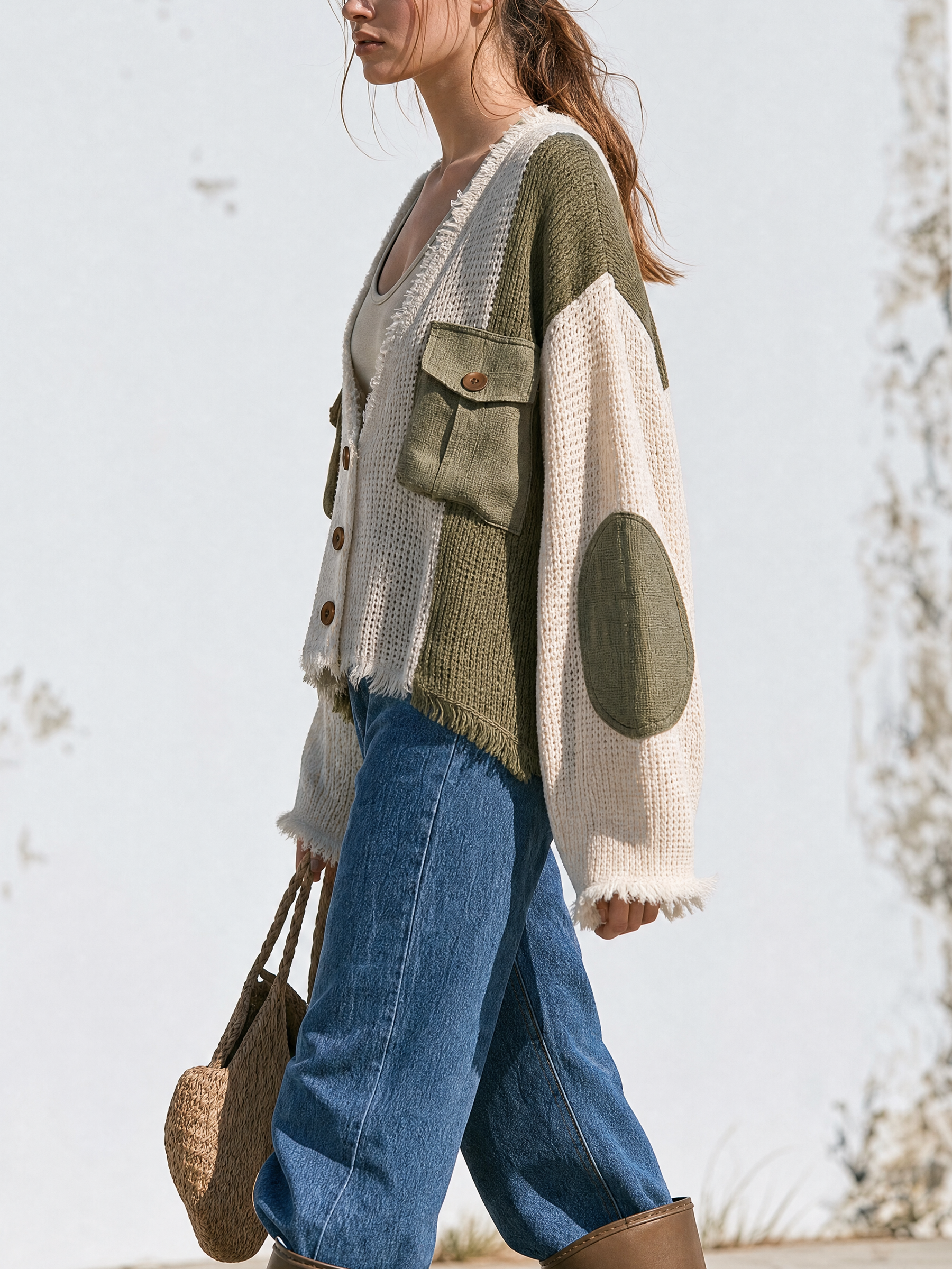 Color Block Fringed V-Neck Knit Cardigan