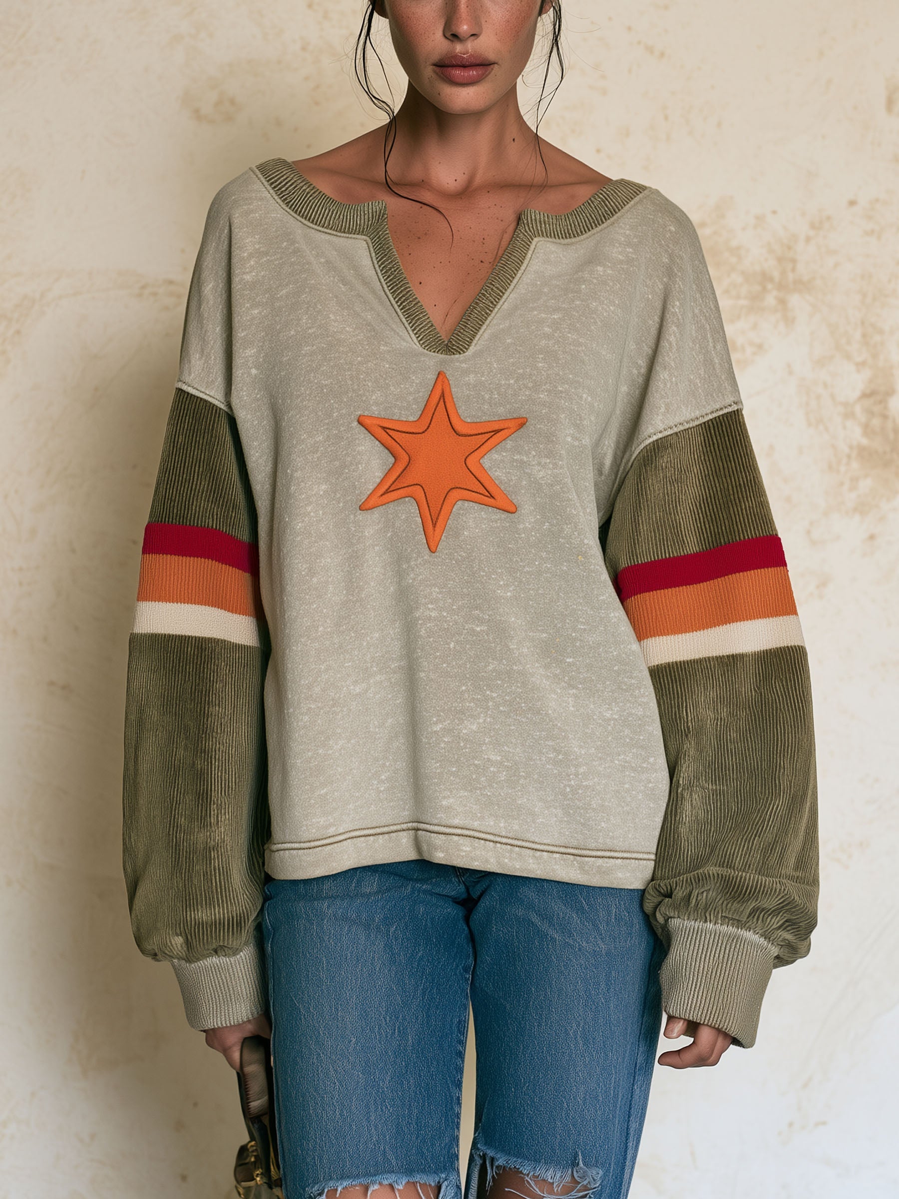 V Neck Color Block Star Patch Long Sleeve Sweatshirt
