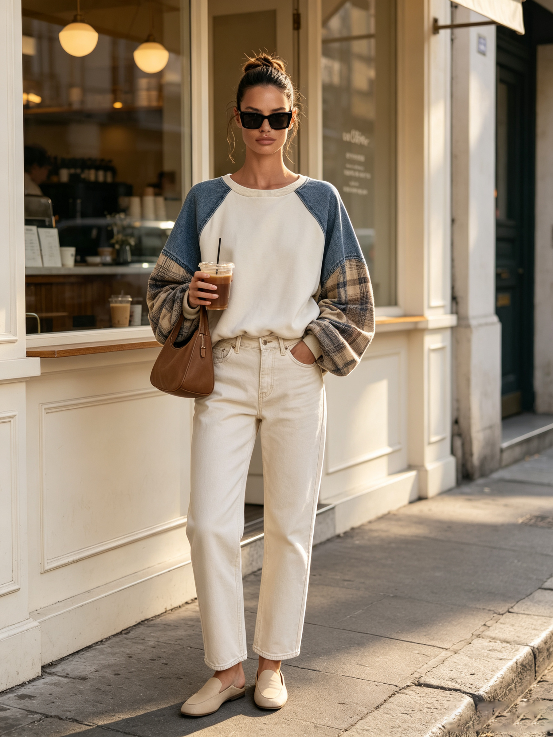 Mixed‑Fabric Raglan Sleeve Patchwork Crew Neck Sweatshirt