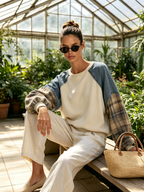 Mixed‑Fabric Raglan Sleeve Patchwork Crew Neck Sweatshirt
