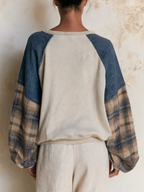 Mixed‑Fabric Raglan Sleeve Patchwork Crew Neck Sweatshirt