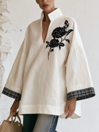 White Stand Collar V-Neck Tunic Top, Black Rose Embroidery Wide Sleeve Blouse With Contrast Plaid Cuffs