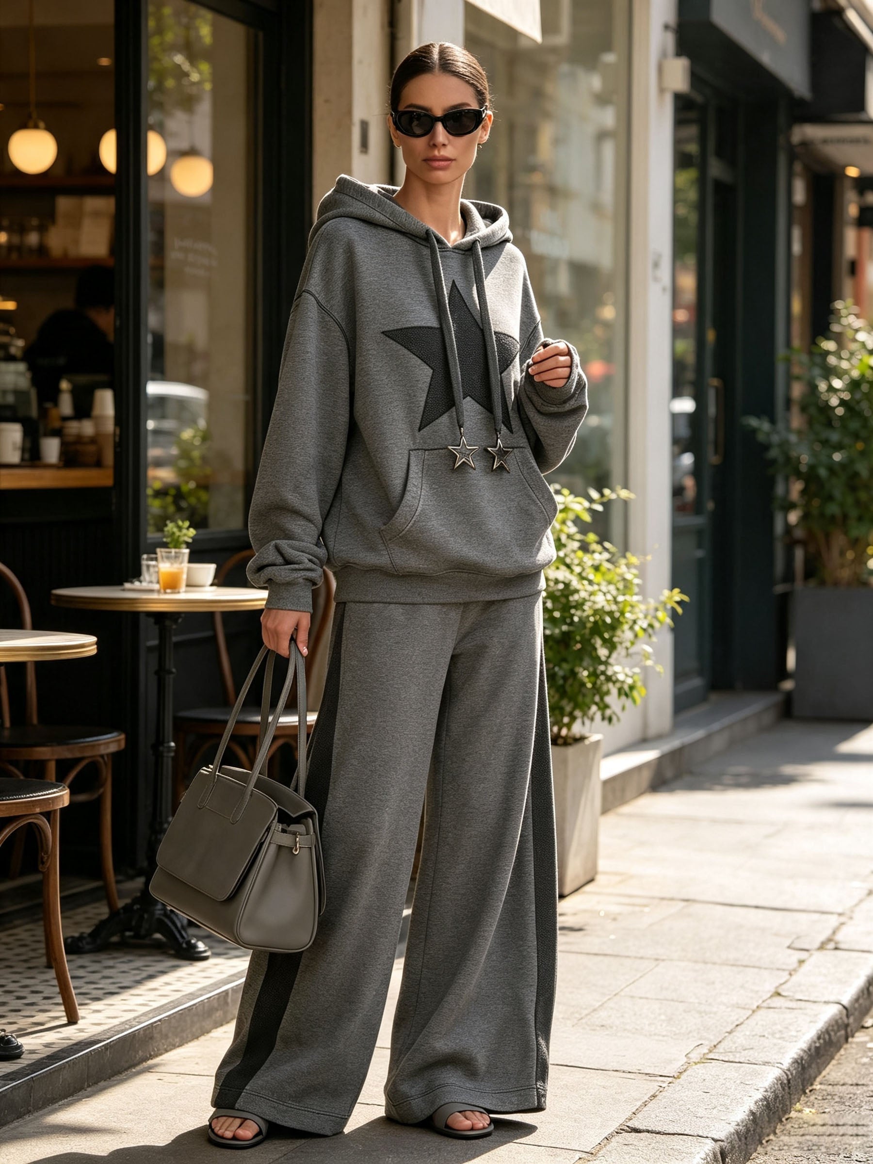Grey Star Patch Hoodie & Side Stripe Wide Leg Pants Tracksuit 2 Piece Set