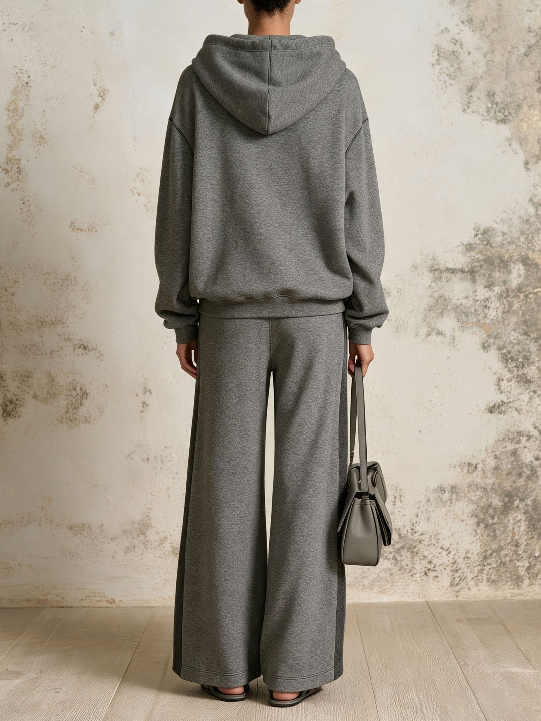 Grey Star Patch Hoodie & Side Stripe Wide Leg Pants Tracksuit 2 Piece Set