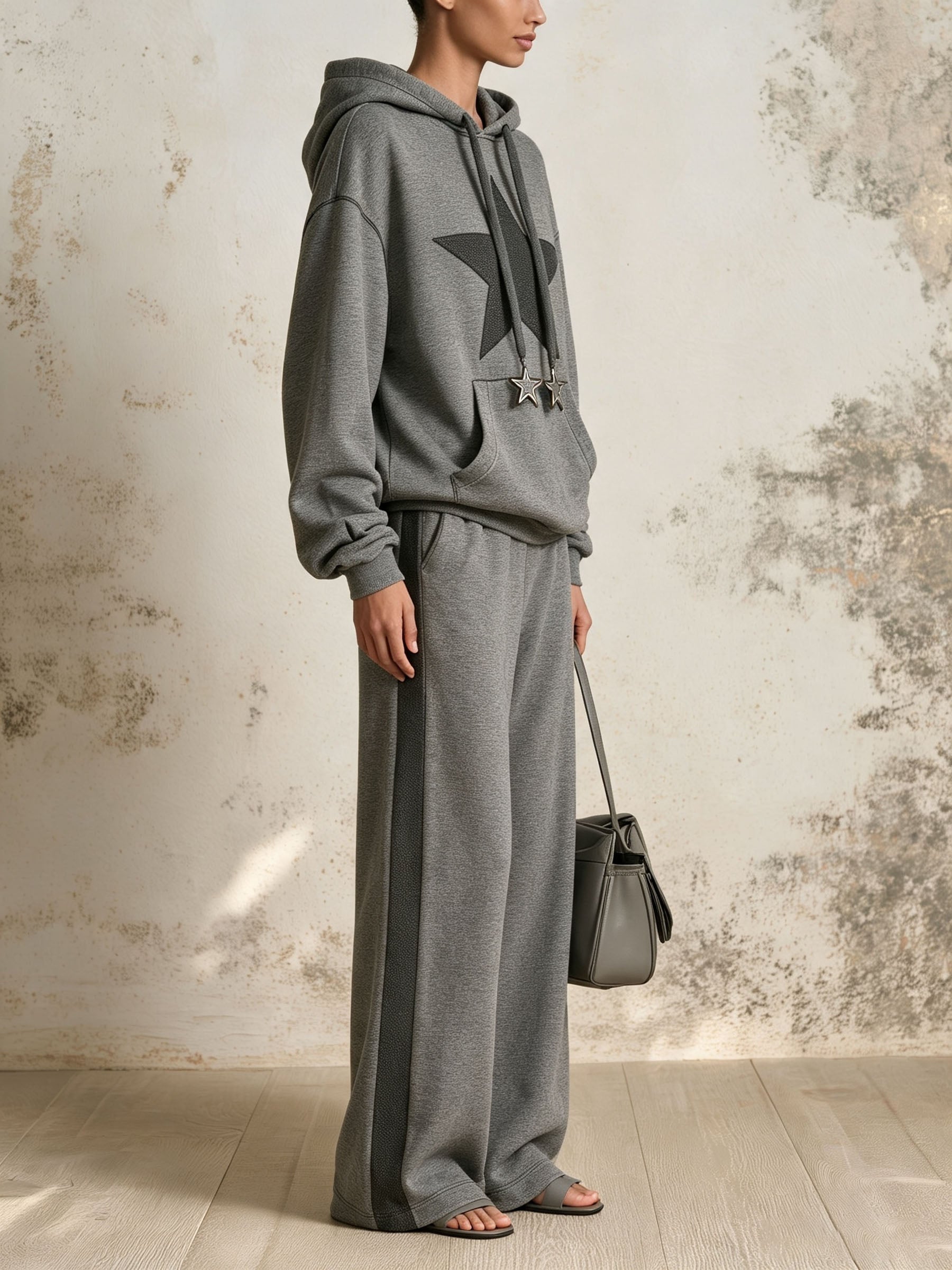 Grey Star Patch Hoodie & Side Stripe Wide Leg Pants Tracksuit 2 Piece Set