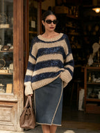 Oversized Striped Sequin Knit Sweater, Loose Long Sleeve Crew Neck Jumper
