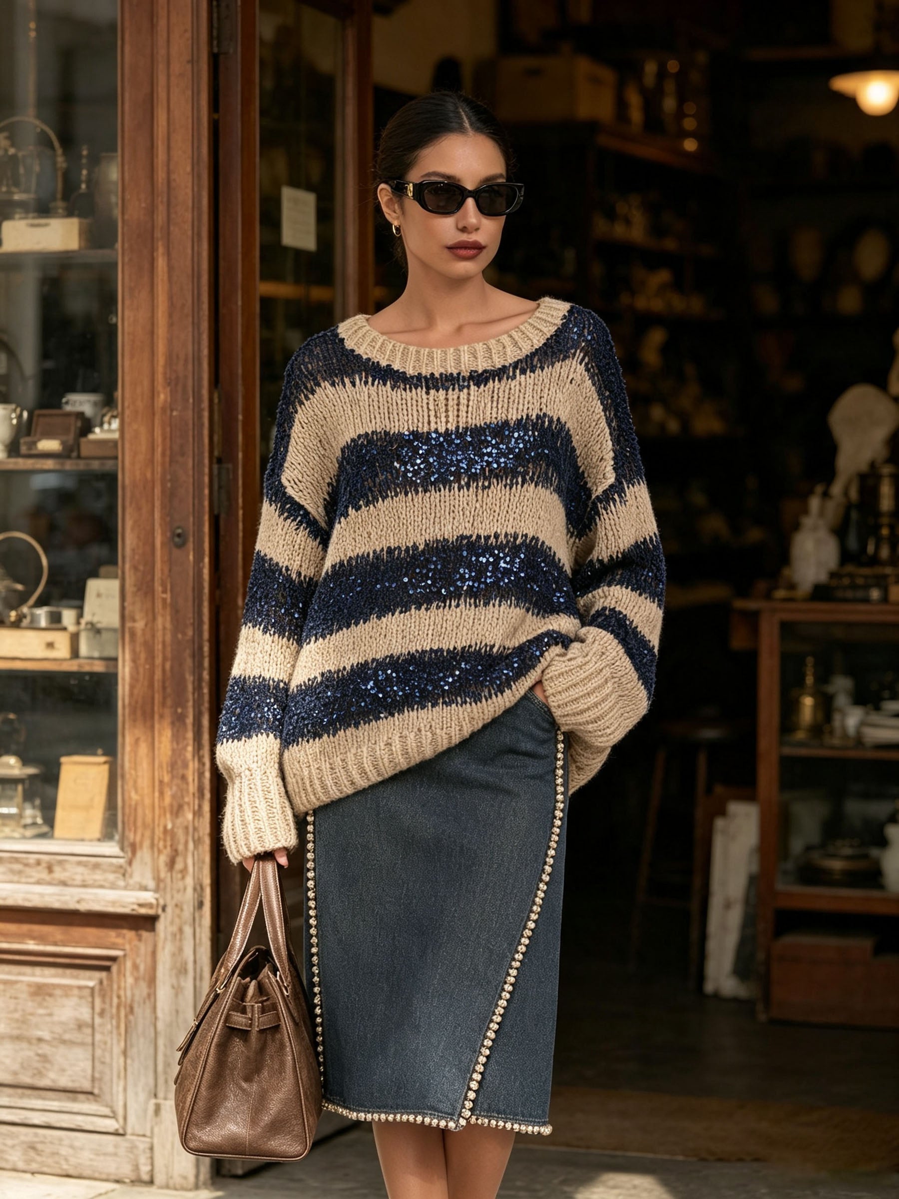 Oversized Striped Sequin Knit Sweater, Loose Long Sleeve Crew Neck Jumper