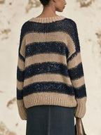 Oversized Striped Sequin Knit Sweater, Loose Long Sleeve Crew Neck Jumper