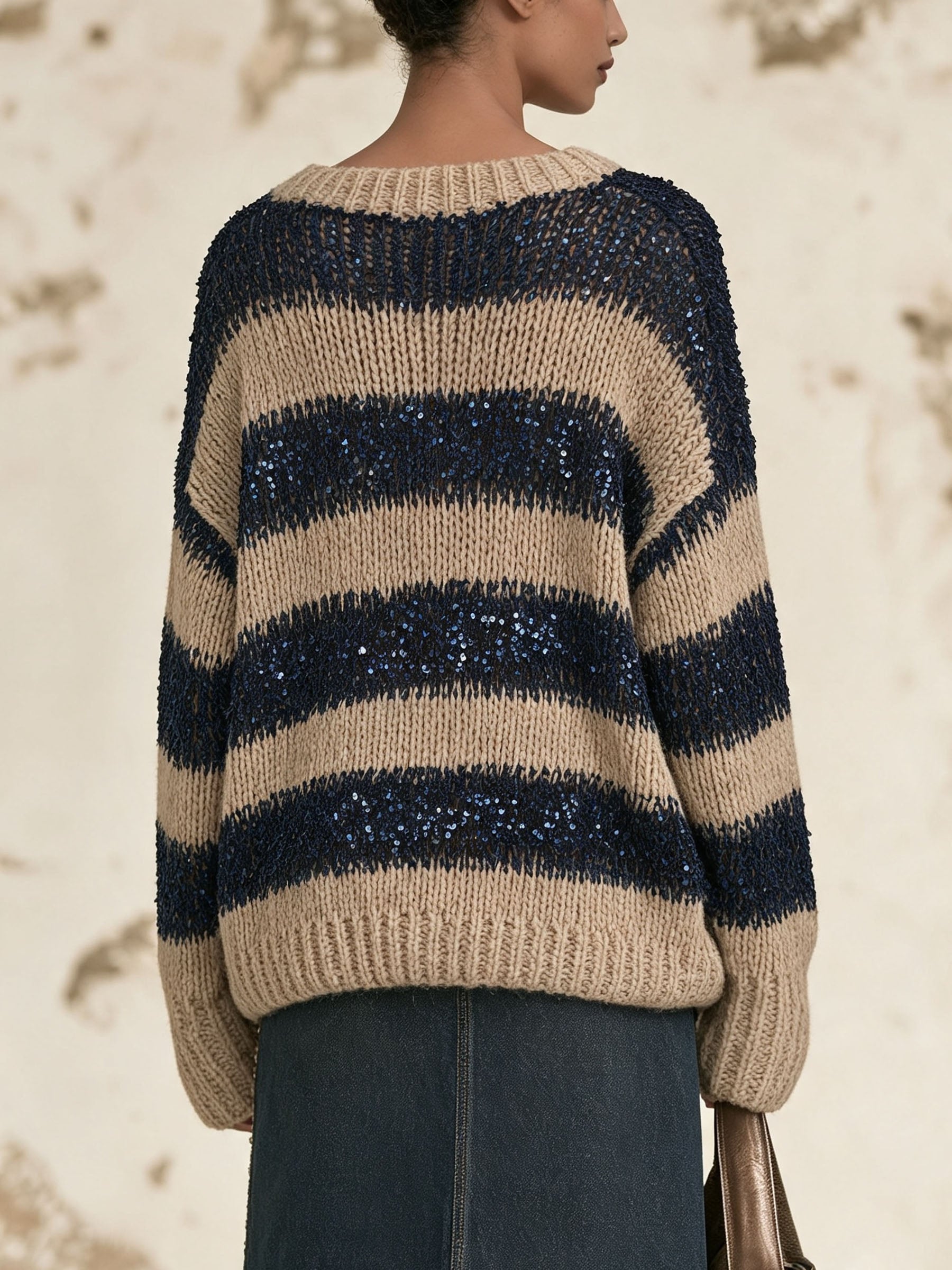 Oversized Striped Sequin Knit Sweater, Loose Long Sleeve Crew Neck Jumper
