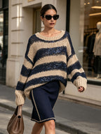 Oversized Striped Sequin Knit Sweater, Loose Long Sleeve Crew Neck Jumper
