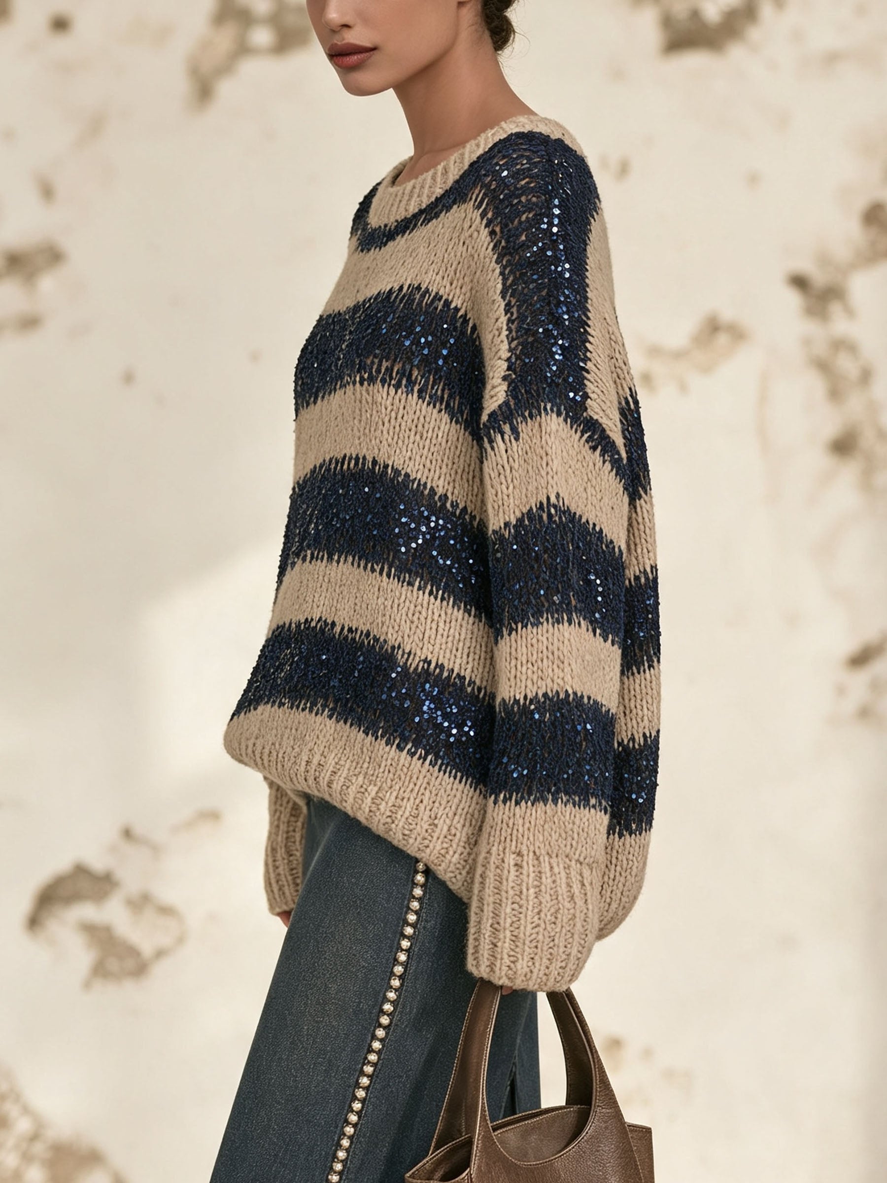 Oversized Striped Sequin Knit Sweater, Loose Long Sleeve Crew Neck Jumper