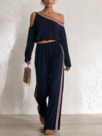 Navy Off‑Shoulder Contrast Stripe Knit Two‑Piece Wide‑Leg Set