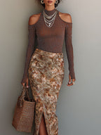 Retro Shimmer Cut-Out Shoulder Top & Oil Painting Floral Print Front-Slit Skirt Set
