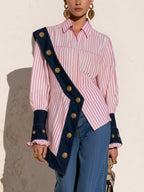 Elegant Contrast Stripe Button-Up Blouse – Chic Long Sleeve Statement Shirt