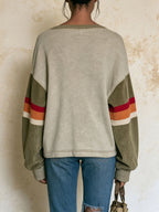 V Neck Color Block Star Patch Long Sleeve Sweatshirt