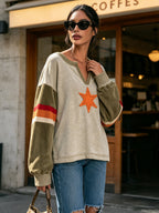 V Neck Color Block Star Patch Long Sleeve Sweatshirt