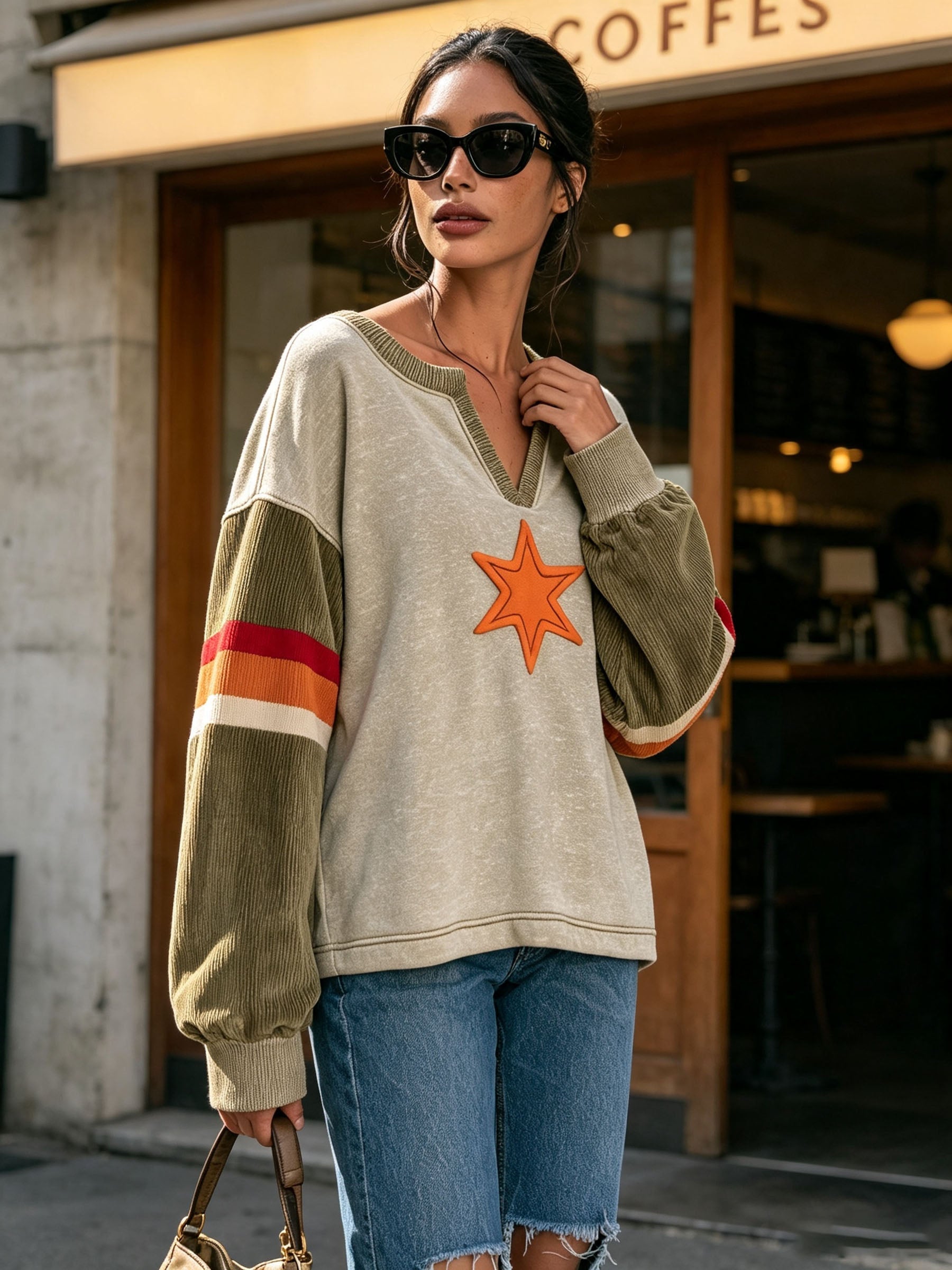 V Neck Color Block Star Patch Long Sleeve Sweatshirt
