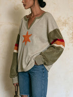 V Neck Color Block Star Patch Long Sleeve Sweatshirt
