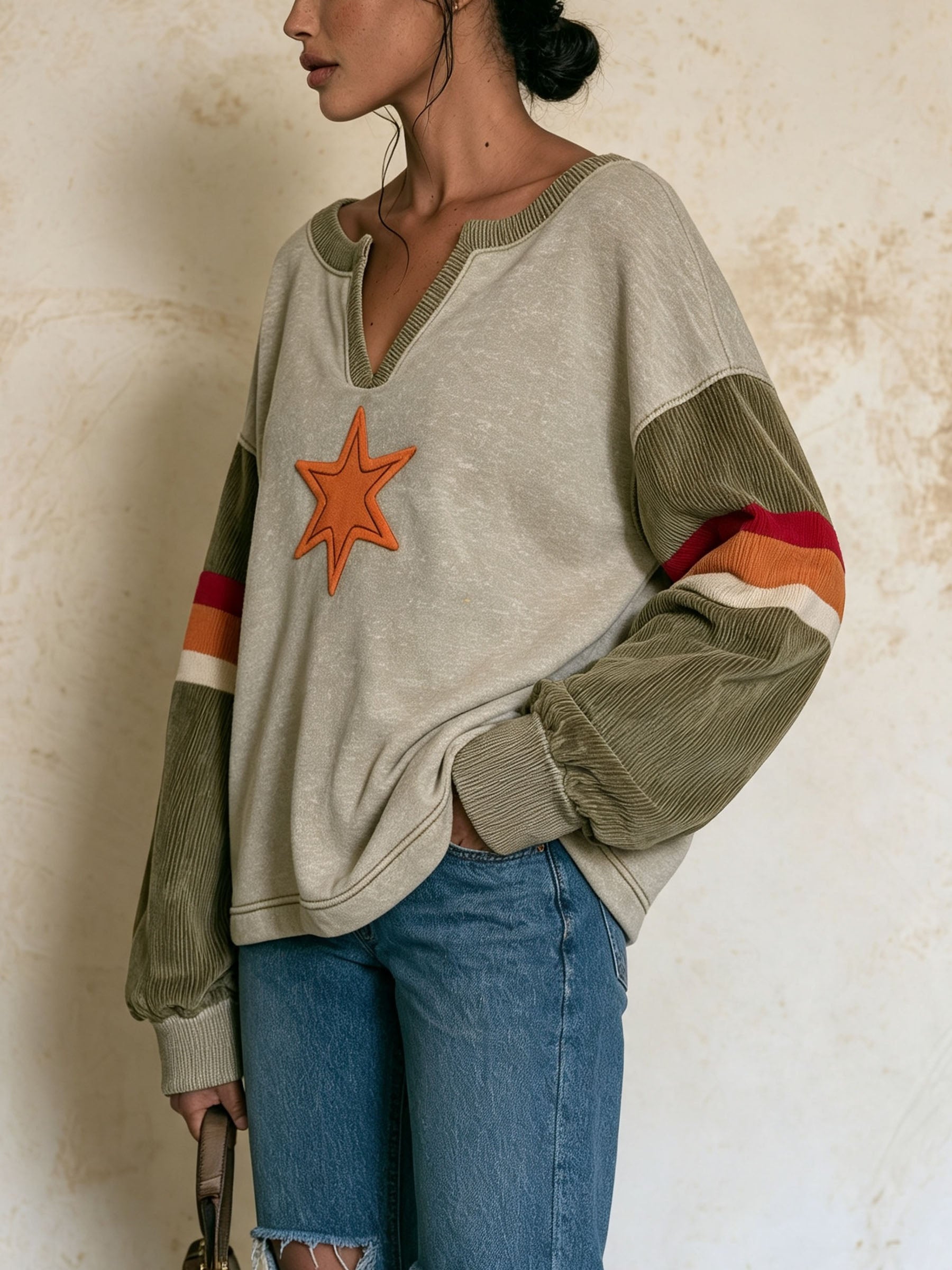 V Neck Color Block Star Patch Long Sleeve Sweatshirt