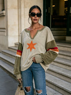 V Neck Color Block Star Patch Long Sleeve Sweatshirt