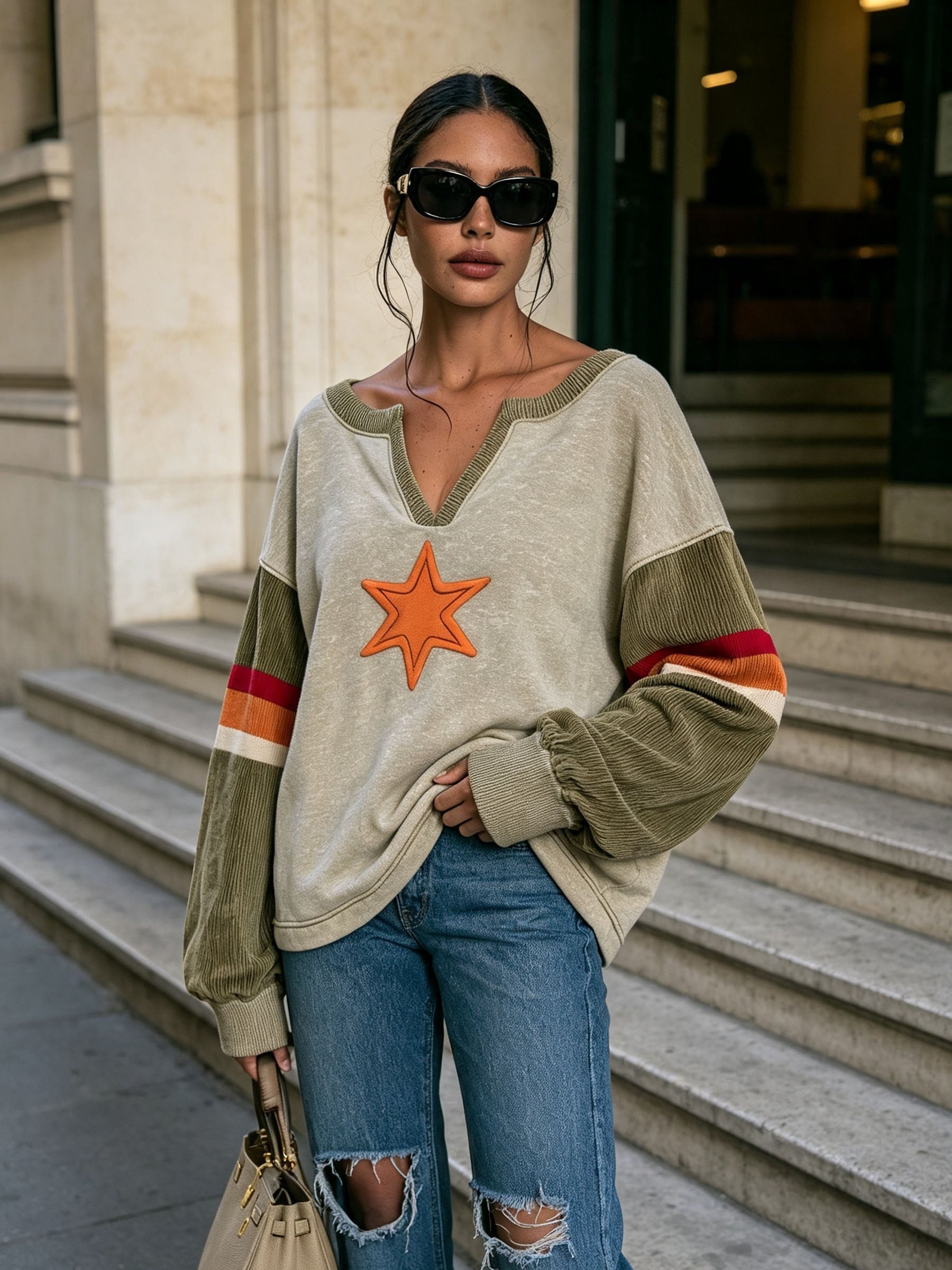V Neck Color Block Star Patch Long Sleeve Sweatshirt