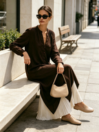 Dark Brown Linen‑Blend Pleated Contrast Hem Button‑Front Maxi Dress