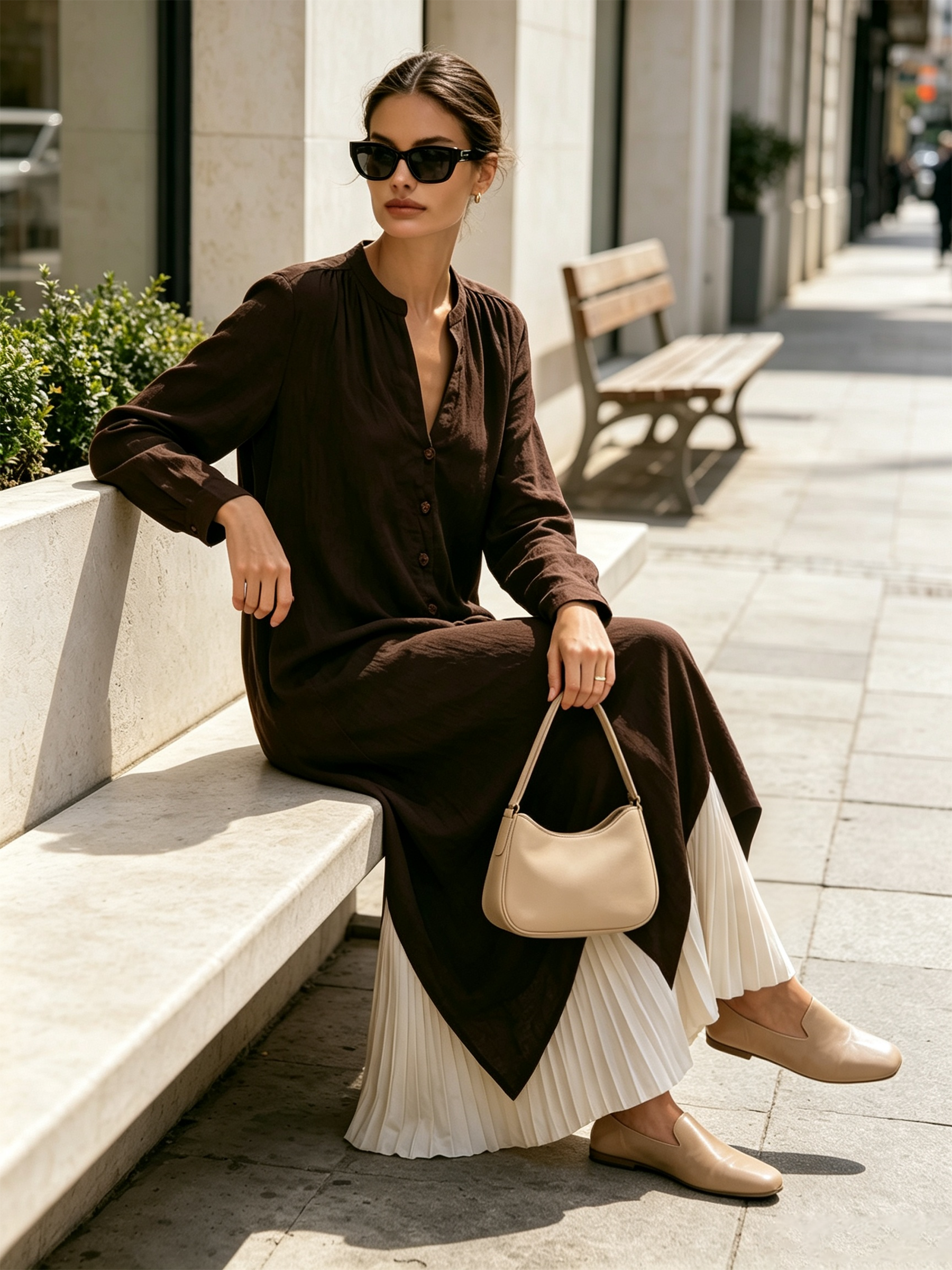 Dark Brown Linen‑Blend Pleated Contrast Hem Button‑Front Maxi Dress