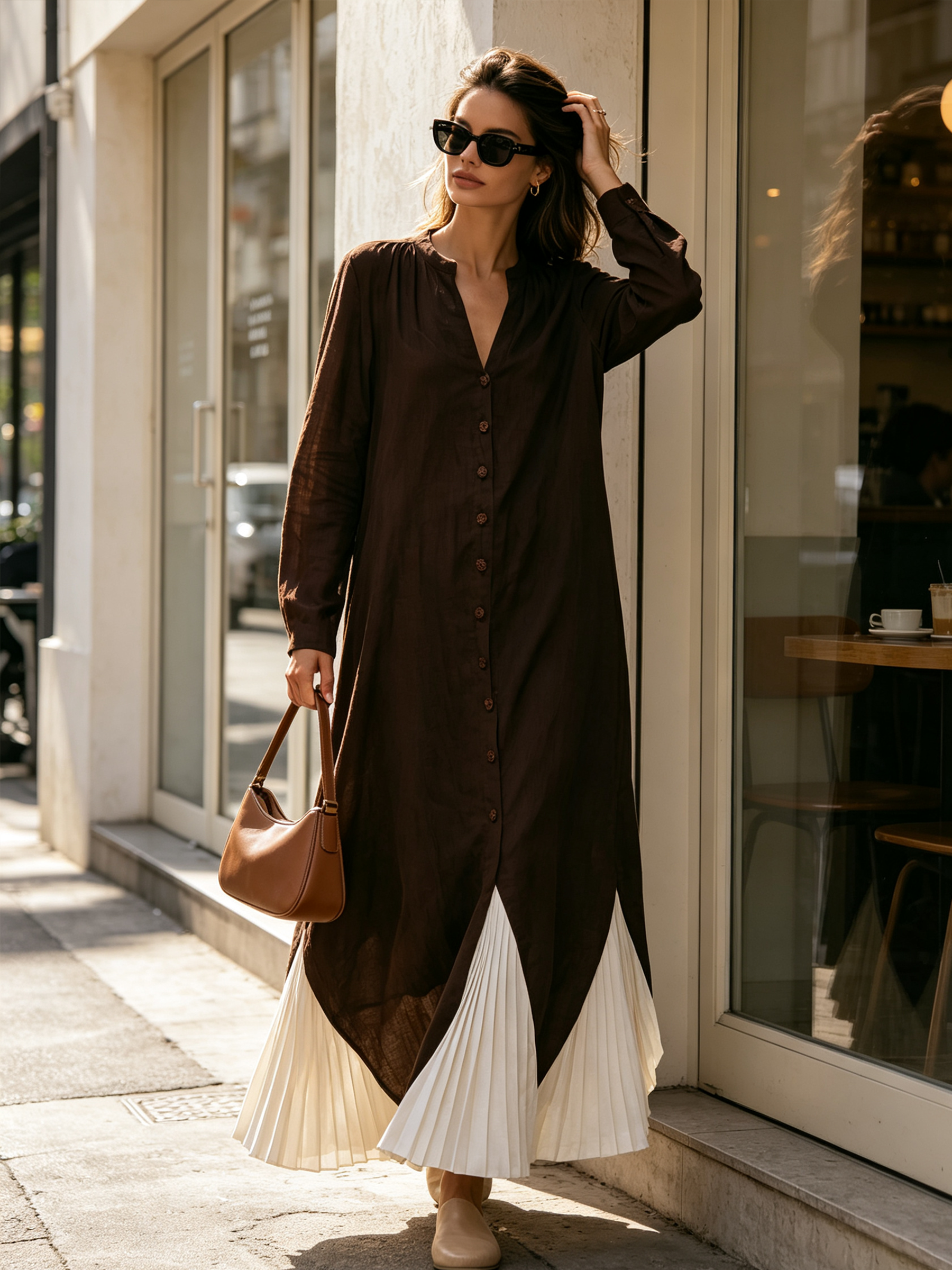 Dark Brown Linen‑Blend Pleated Contrast Hem Button‑Front Maxi Dress
