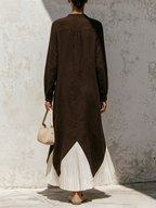 Dark Brown Linen‑Blend Pleated Contrast Hem Button‑Front Maxi Dress
