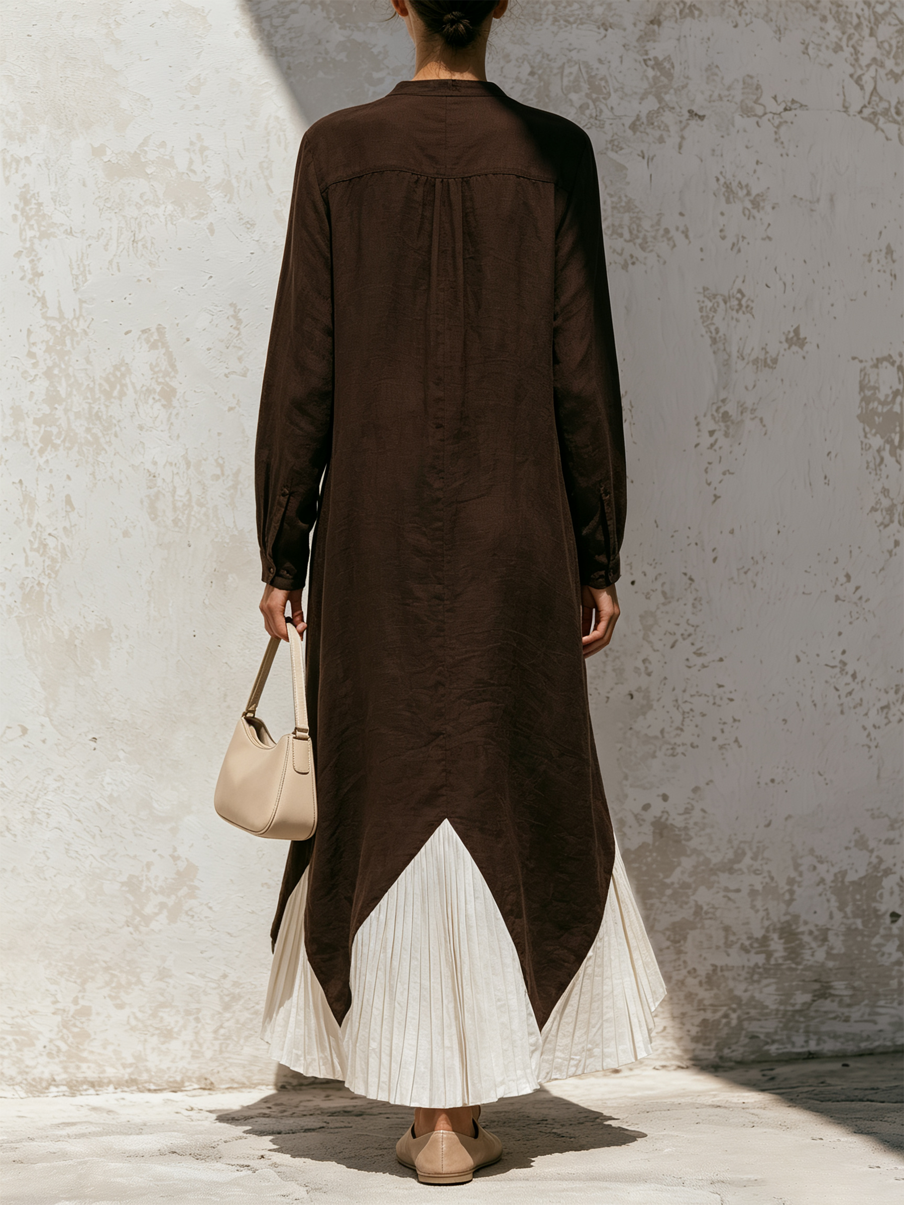 Dark Brown Linen‑Blend Pleated Contrast Hem Button‑Front Maxi Dress