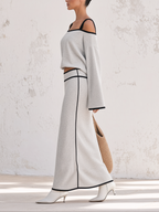 Heather Grey Contrast Black Piping Off Shoulder Sweatshirt Two Piece Set, Long Sleeve Crop Top & Midi Skirt Co-ord