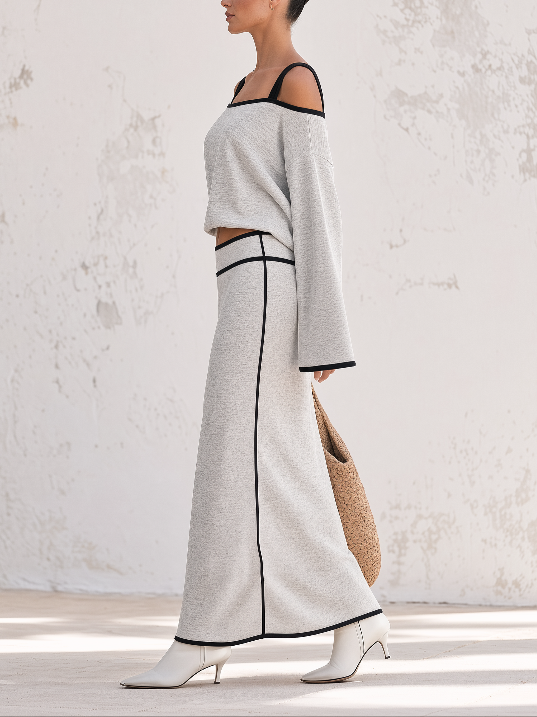 Heather Grey Contrast Black Piping Off Shoulder Sweatshirt Two Piece Set, Long Sleeve Crop Top & Midi Skirt Co-ord