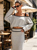 Heather Grey Contrast Black Piping Off Shoulder Sweatshirt Two Piece Set, Long Sleeve Crop Top & Midi Skirt Co-ord
