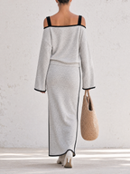 Heather Grey Contrast Black Piping Off Shoulder Sweatshirt Two Piece Set, Long Sleeve Crop Top & Midi Skirt Co-ord