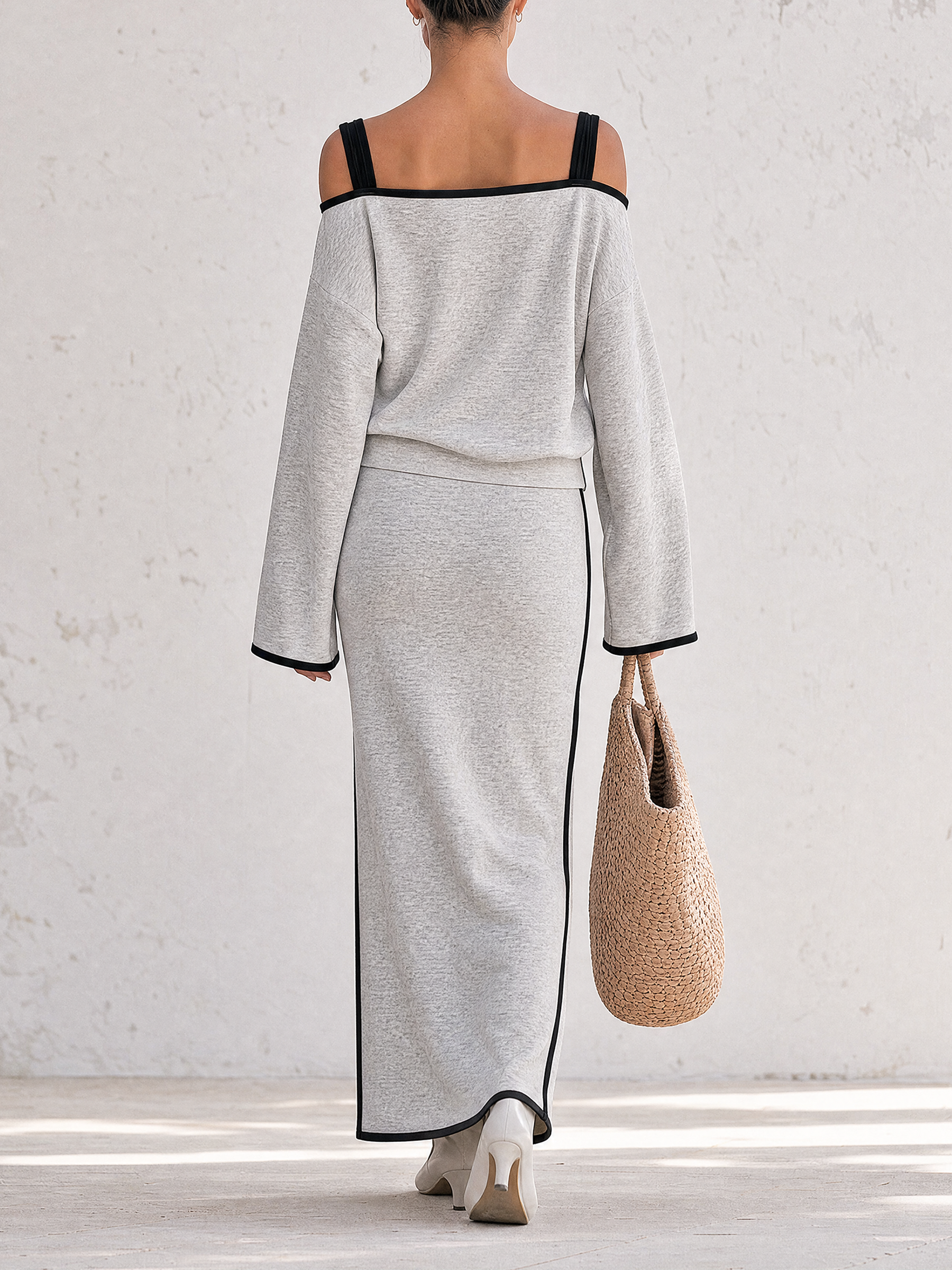 Heather Grey Contrast Black Piping Off Shoulder Sweatshirt Two Piece Set, Long Sleeve Crop Top & Midi Skirt Co-ord