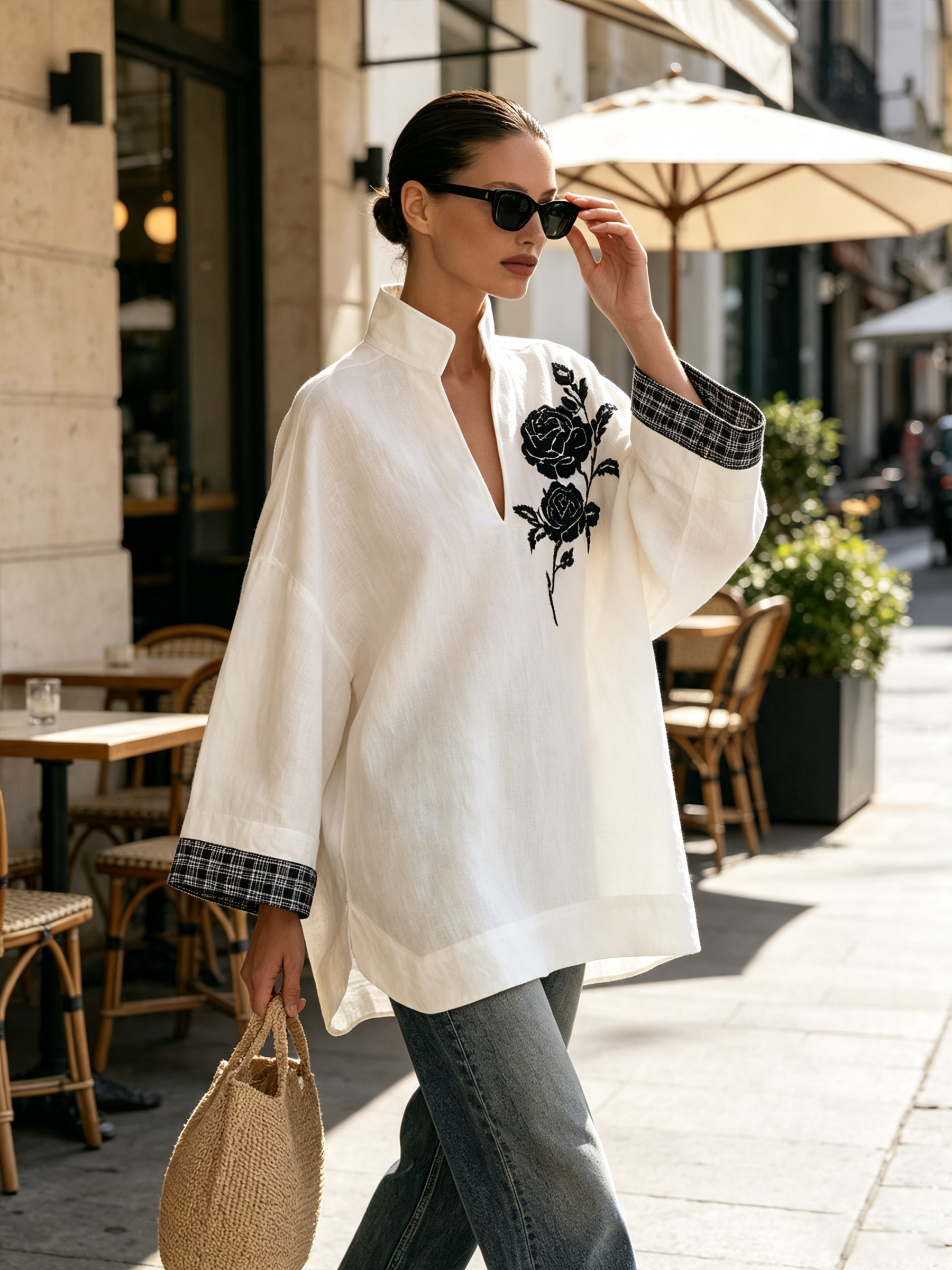 White Stand Collar V-Neck Tunic Top, Black Rose Embroidery Wide Sleeve Blouse With Contrast Plaid Cuffs