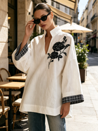 White Stand Collar V-Neck Tunic Top, Black Rose Embroidery Wide Sleeve Blouse With Contrast Plaid Cuffs