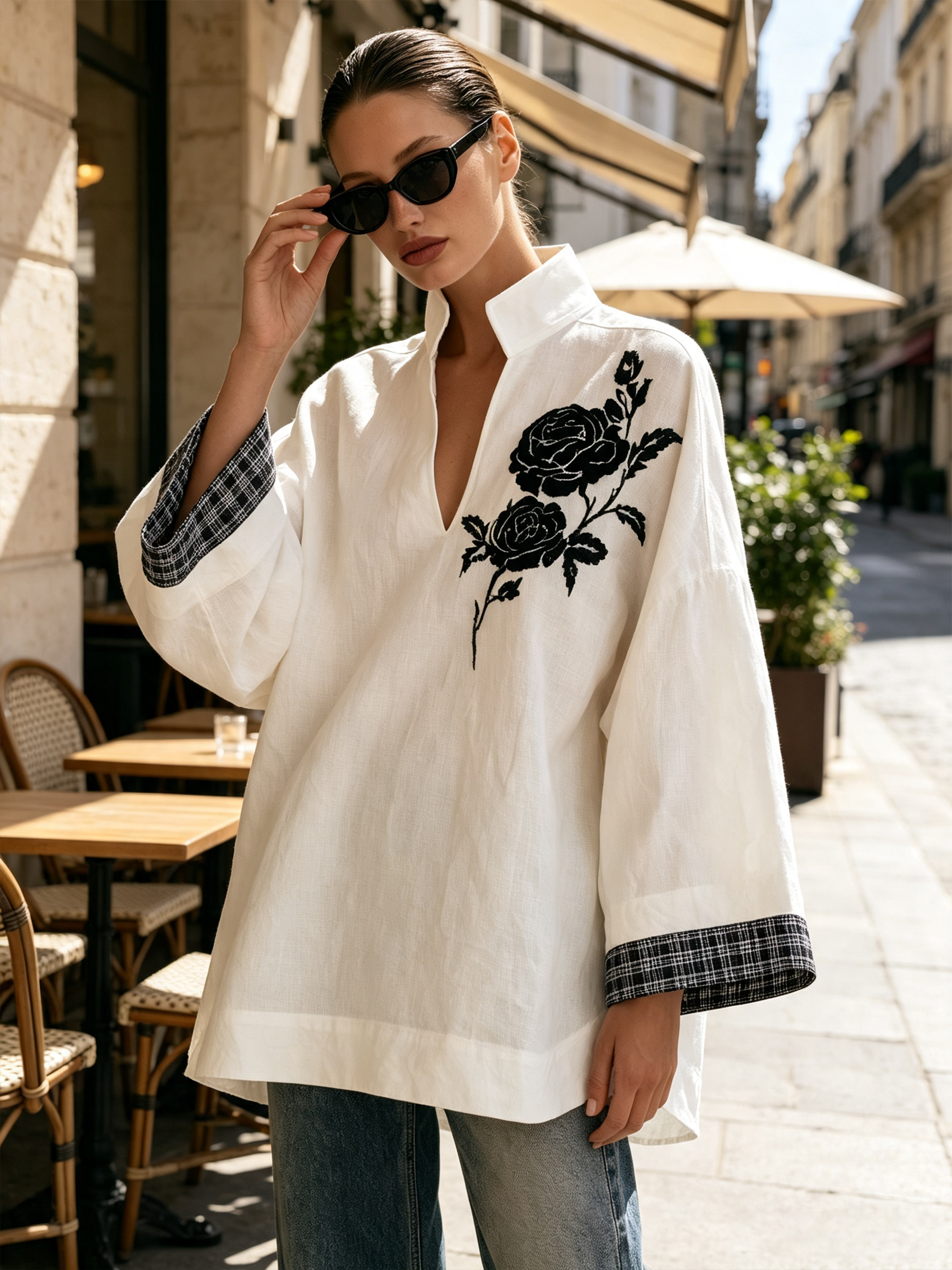White Stand Collar V-Neck Tunic Top, Black Rose Embroidery Wide Sleeve Blouse With Contrast Plaid Cuffs