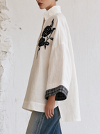 White Stand Collar V-Neck Tunic Top, Black Rose Embroidery Wide Sleeve Blouse With Contrast Plaid Cuffs