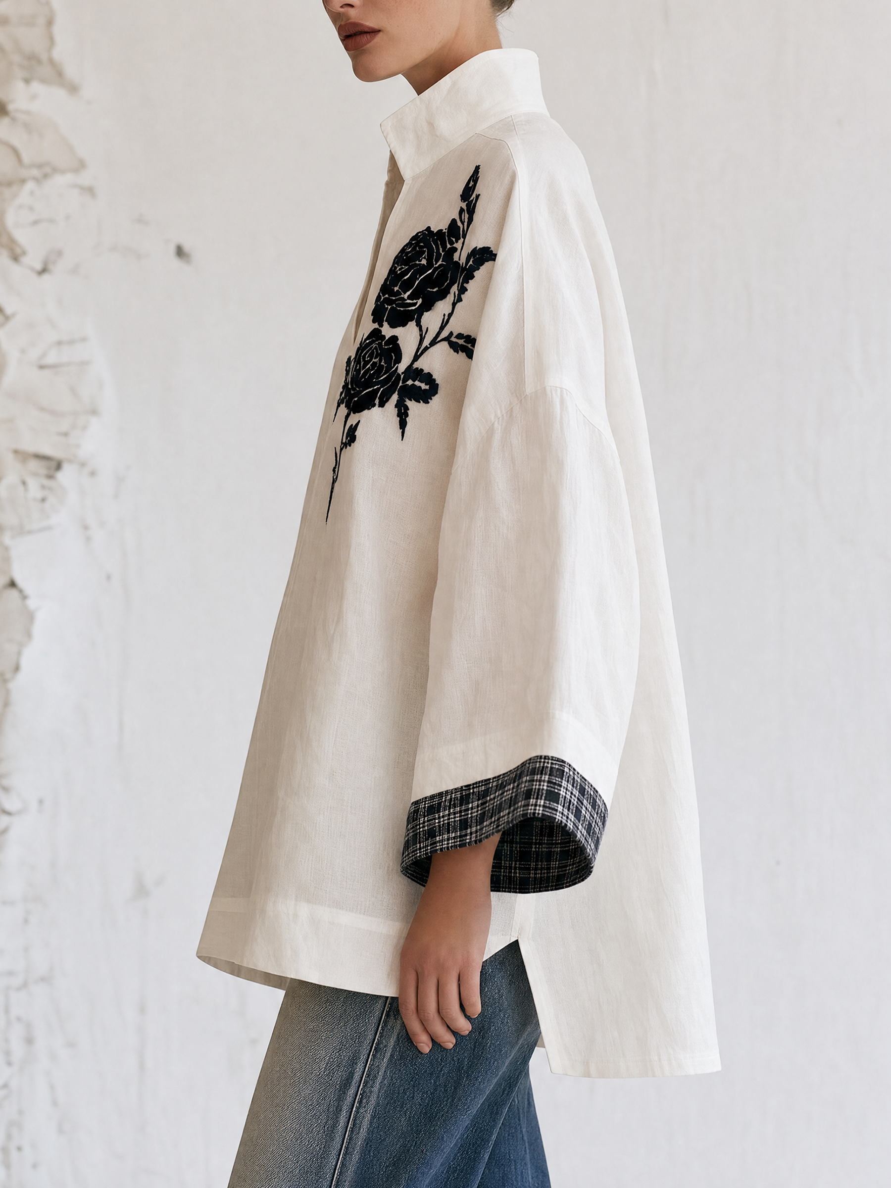 White Stand Collar V-Neck Tunic Top, Black Rose Embroidery Wide Sleeve Blouse With Contrast Plaid Cuffs